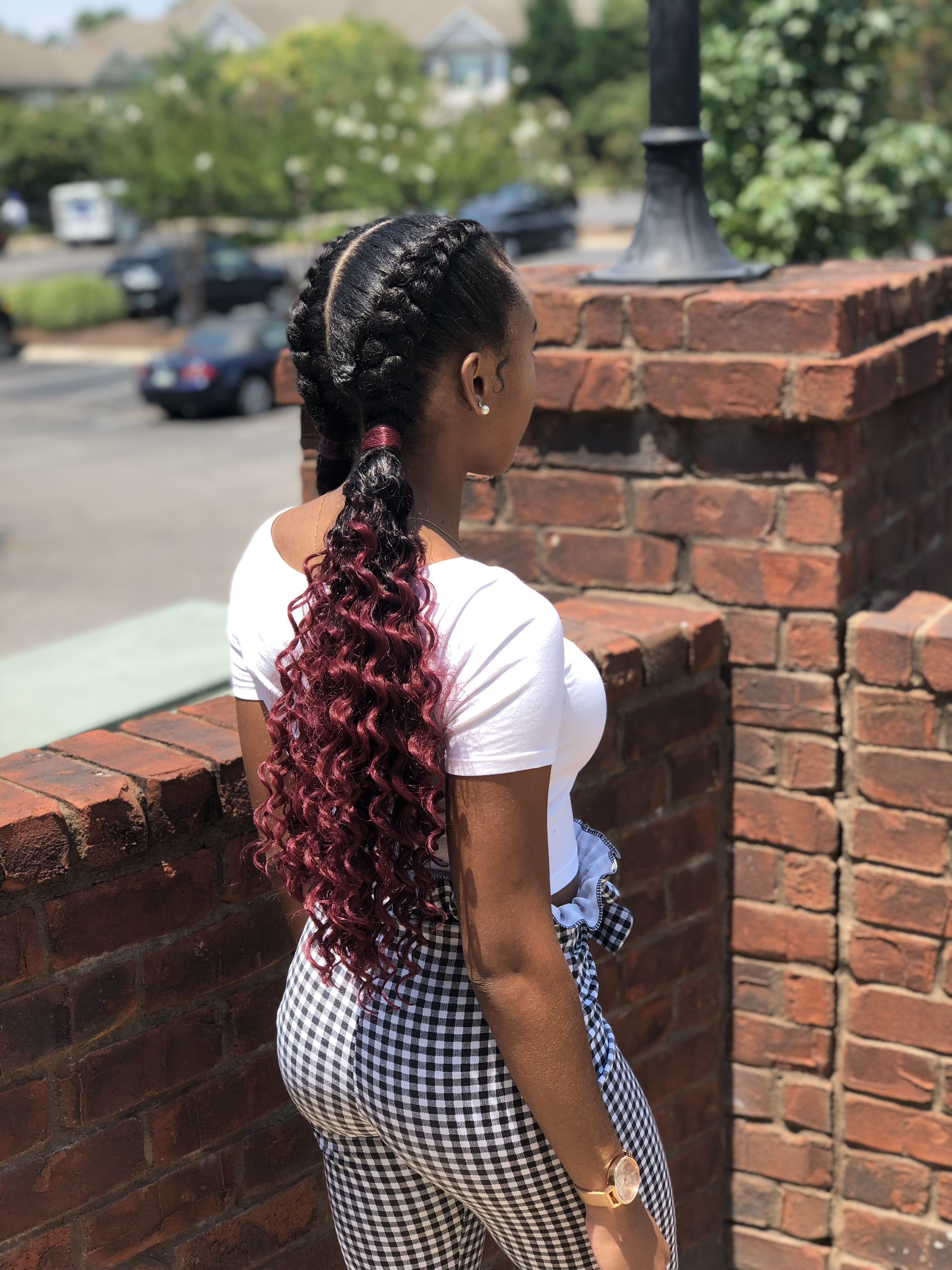 Newest Two Ombre Under Braid Hairstyles Throughout Two Feed In Dutch Braids To Curly Ombré Burgundy Ponytail (View 5 of 20)