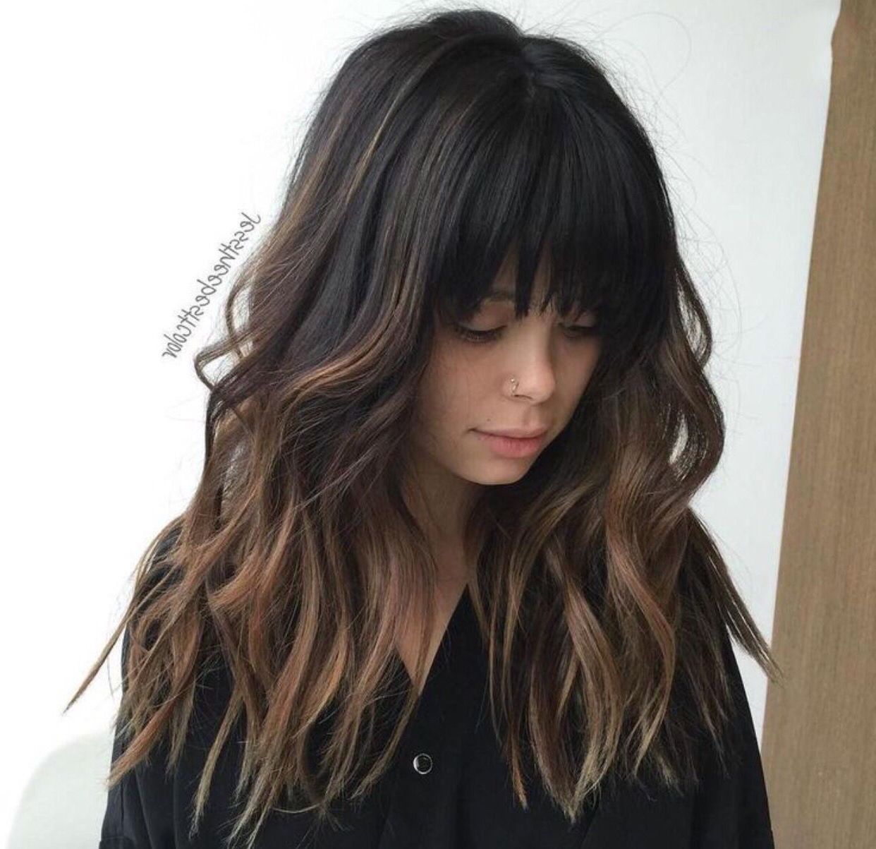 Most Current Black To Light Brown Ombre Waves Hairstyles With Black Hair, With Bangs, And Some Ombré, With Beach Waves (Gallery 20 of 20)