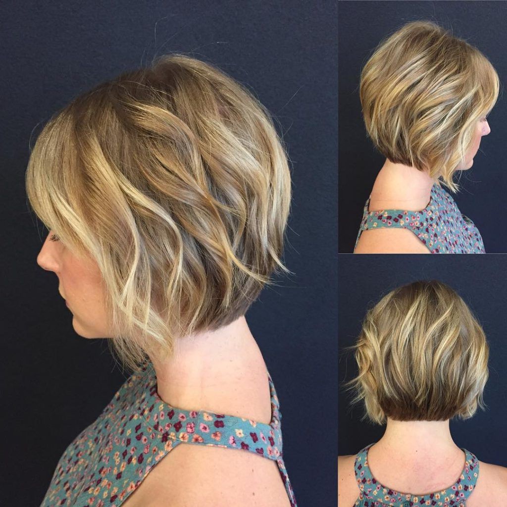 Women's Blonde Stacked Angled Bob With Added Wavy Texture Pertaining To Latest Very Short Stacked Bob Hairstyles With Messy Finish (View 12 of 20)