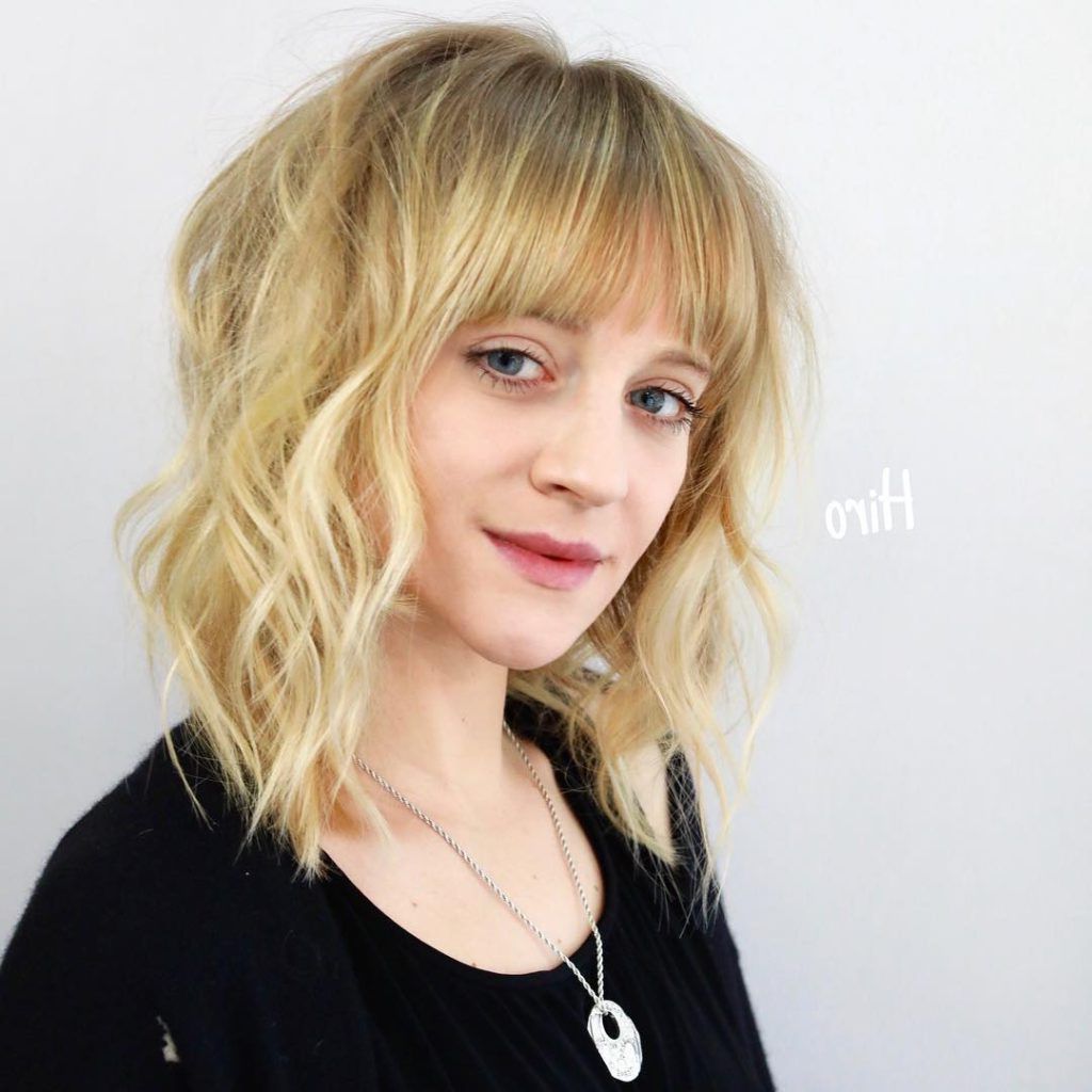 2018 Thick Feathered Blonde Lob Hairstyles Regarding Women's Bright Blonde Layered Lob With Full Feathered Fringe (View 8 of 20)