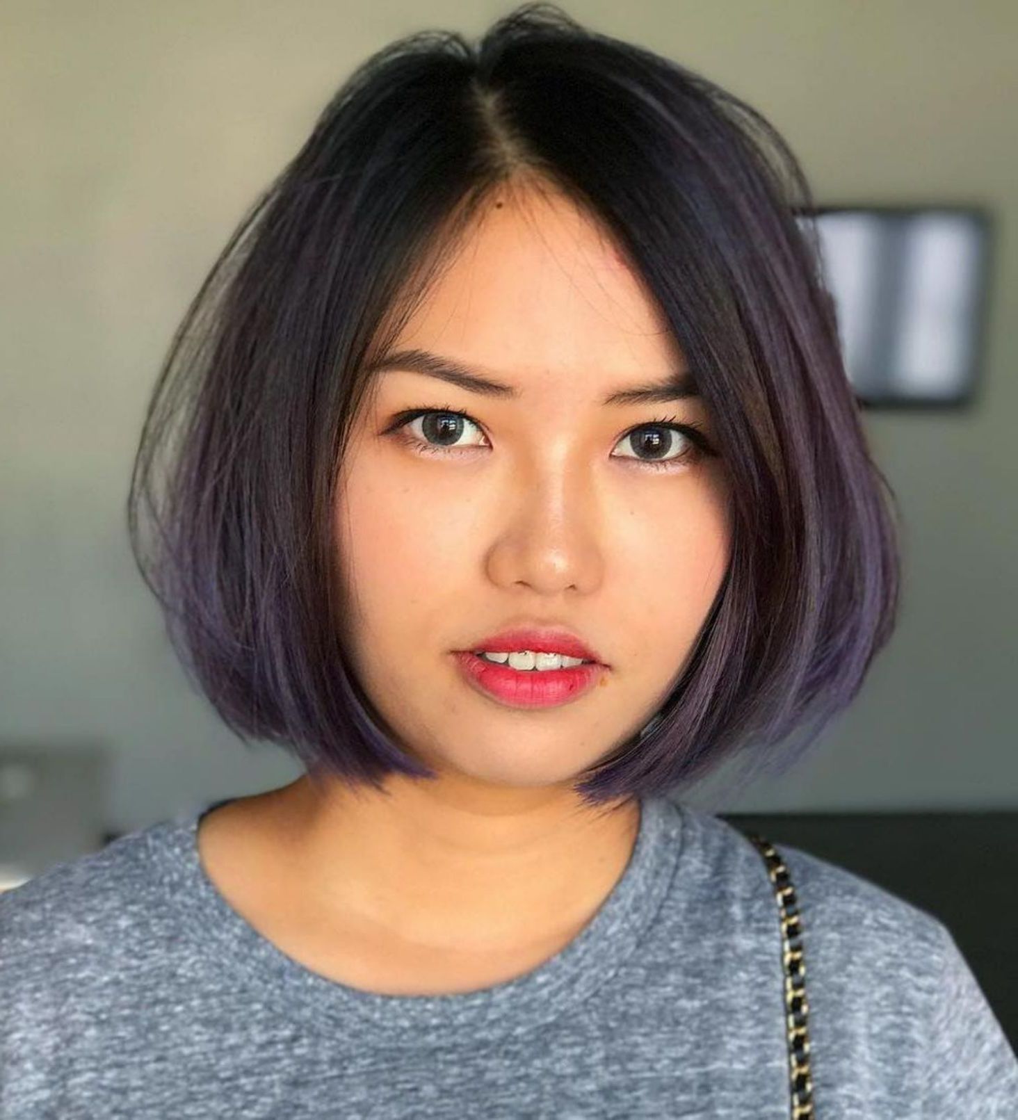 50 Super Cute Looks With Short Hairstyles For Round Faces In Purple Tinted Off Centered Bob Hairstyles (View 1 of 20)