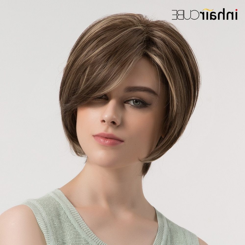 [%preferred Side Parted Layered Bob Haircuts With Regard To Us $17.91 36% Off|esin Short Straight Hair Wig With Side Parting Dark Brown  Hair Highlights Synthetic Fluffy Layered Haircuts Women's Wig On|us $ (View 20 of 20)
