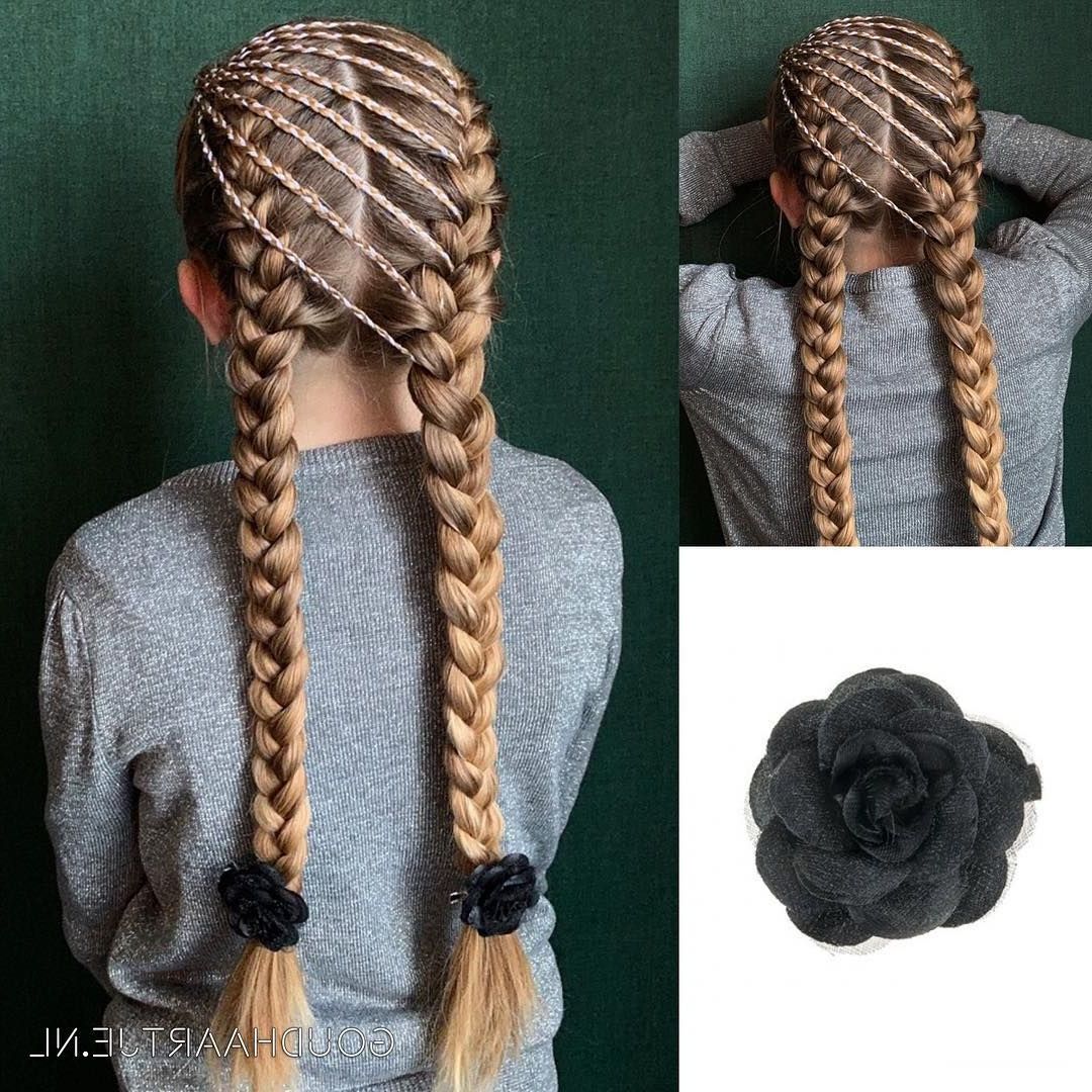 Pigtails With 3 Strand Ribbon Braids And Lovely Flowers From With Regard To Famous Three Strand Pigtails Braid Hairstyles (View 1 of 20)