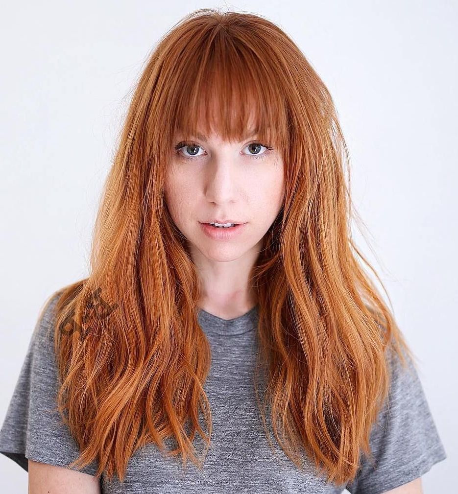 60 Super Chic Hairstyles For Long Faces To Break Up The In 2018 Asymmetrical Copper Feathered Bangs Hairstyles (View 7 of 20)