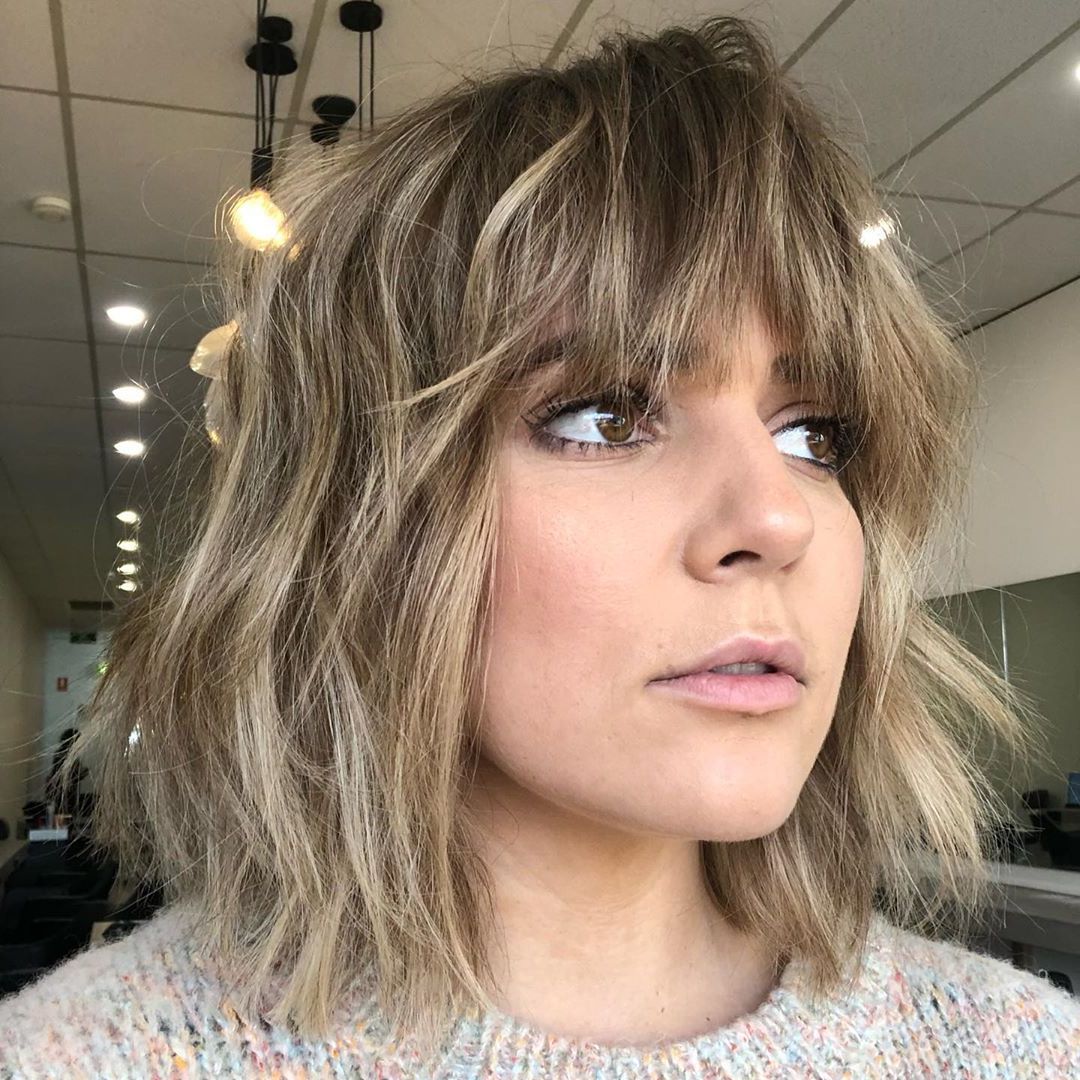 Well Known Feathered Bangs Hairstyles With A Textured Bob Pertaining To 22 Long Bob With Bangs To Try Styling In  (View 14 of 20)