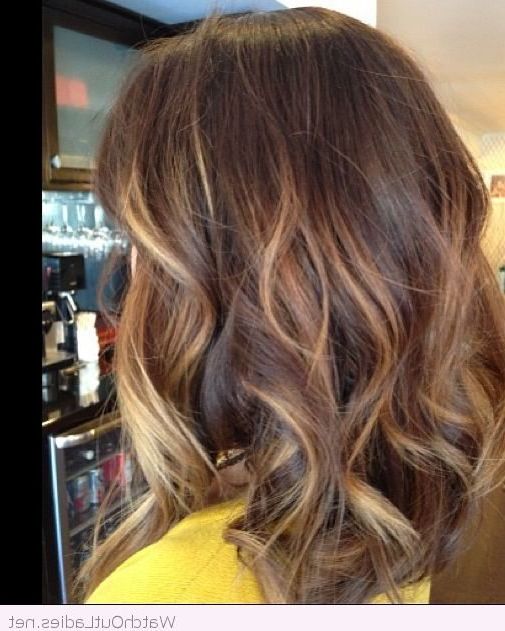 2017 Medium Length Curls Hairstyles With Caramel Highlights In Balayage On Dark Brown Hair: Shoulder Length – Watch Out (View 13 of 20)