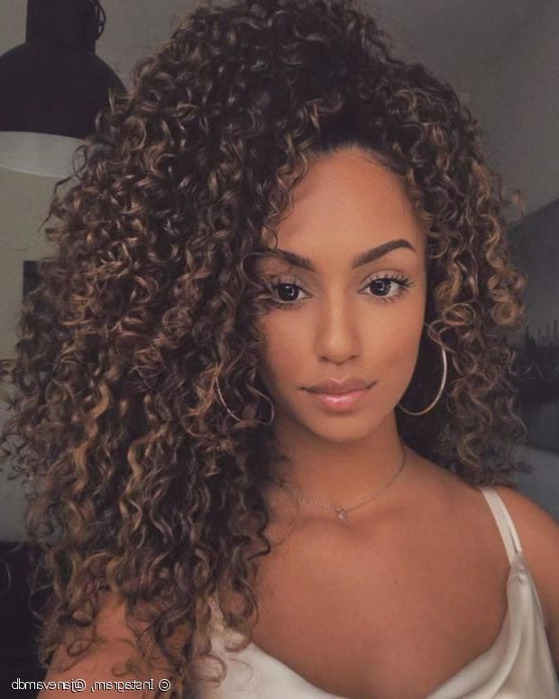 2017 Tight Chocolate Curls Hairstyles With Caramel Touches With Honey Colored Highlights On Brown Hair Help To Create A (View 1 of 20)