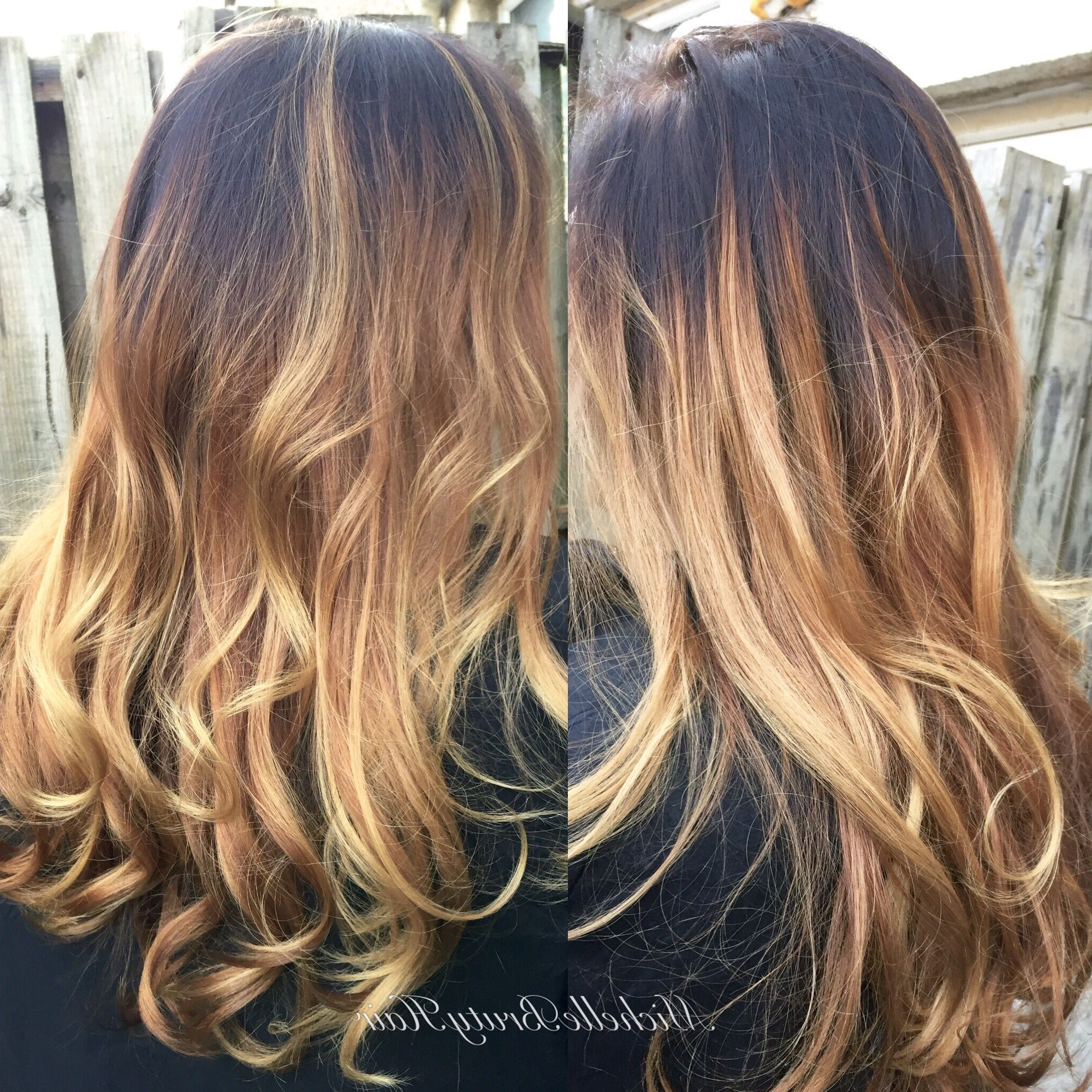 Brunette Shadow Root With Golden Honey Blonde Balayage Pertaining To Current Curls Hairstyles With Honey Blonde Balayage (Gallery 20 of 20)