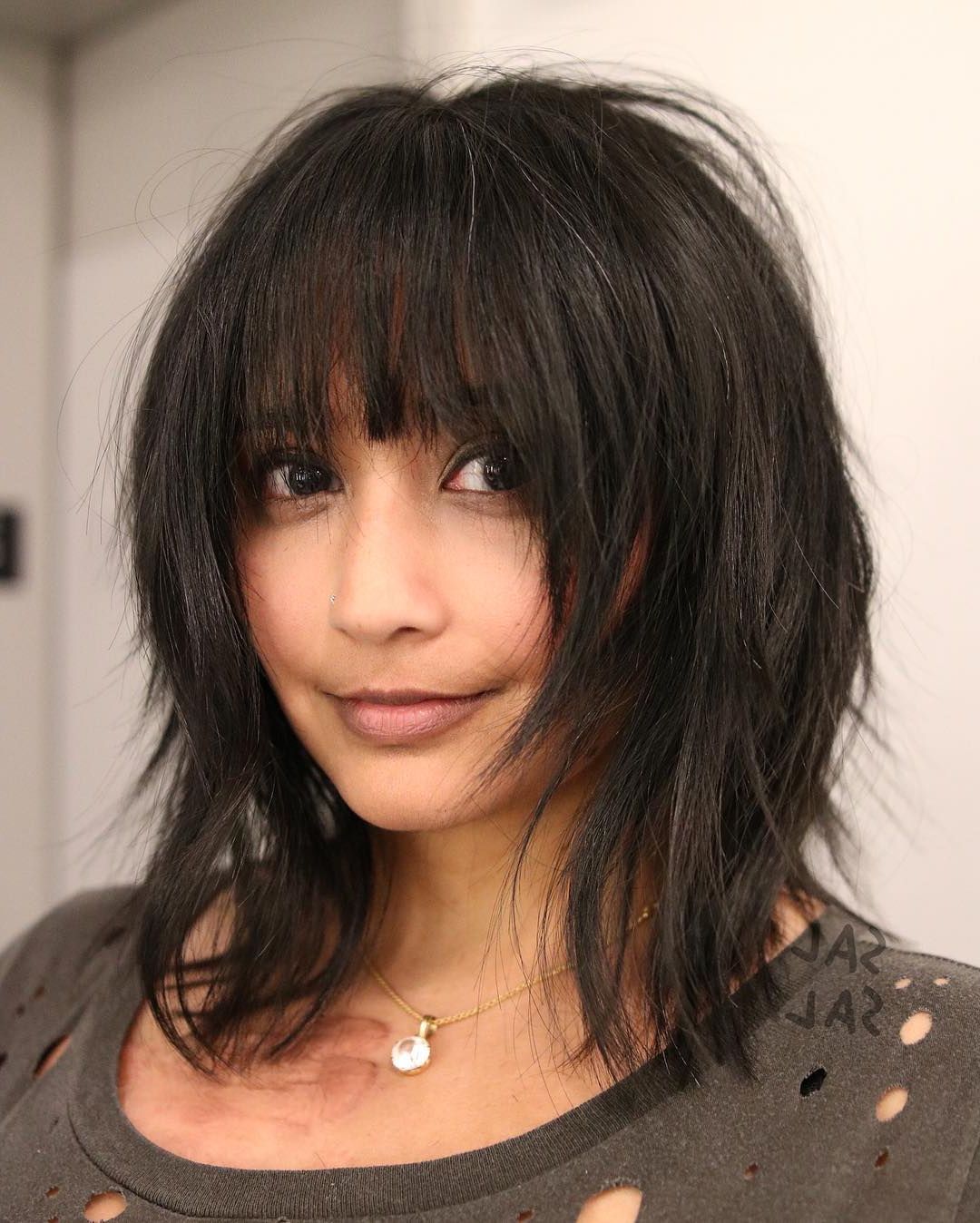 2019 Side Swept Face Framing Layers Hairstyles Within Dark Voluminous Face Framing Shag Cut With Fringe Bangs (View 3 of 20)