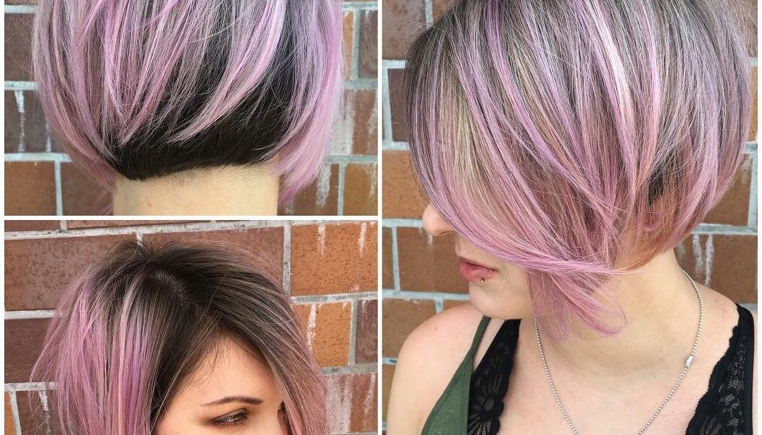 Angled Undercut Bob With Brunette And Pink Two Tone Color With Regard To Famous Two Tone Undercuts For Natural Hair (Gallery 20 of 20)
