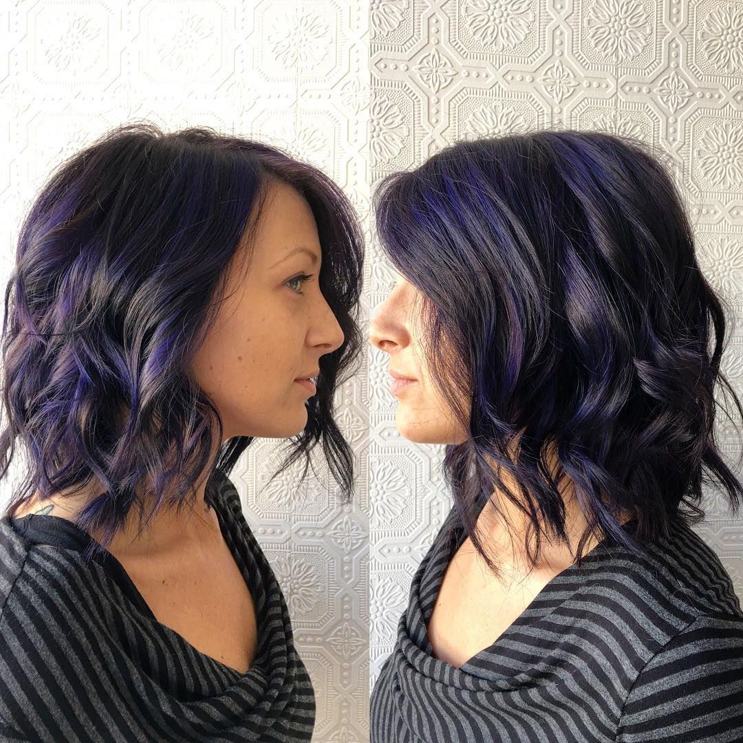 Dark Textured Lob With Messy Waves And Purple Highlights With Regard To Trendy Lob Hairstyles With Face Framing Layers (View 16 of 20)