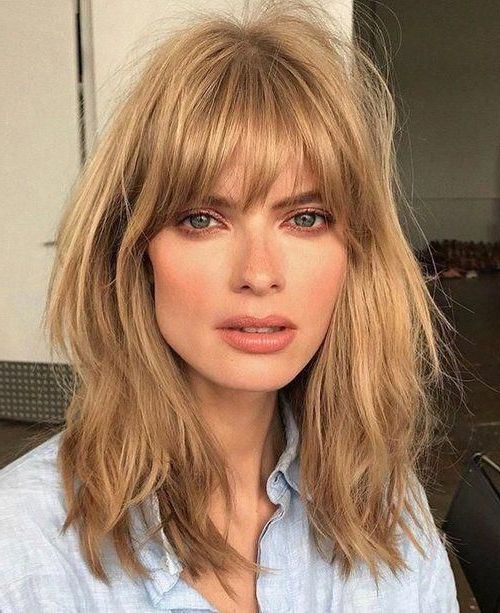 Most Popular Lob Haircuts With Wavy Curtain Fringe Style With Blonde Woman With Curtain Fringe #shortstraighthair (View 11 of 20)