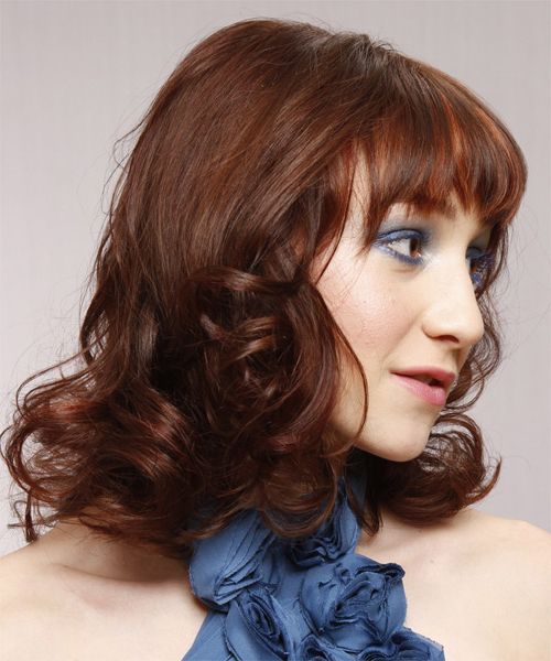 Most Up To Date Medium Wavy Hairstyles With Bangs Regarding Medium Wavy Auburn Brunette Hairstyle With Layered Bangs (View 20 of 20)