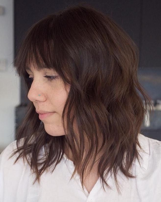 Trendy Shaggy Bob Hairstyles With Soft Blunt Bangs Throughout Dark Brown Shaggy Bob With Textured Bangs (View 19 of 20)