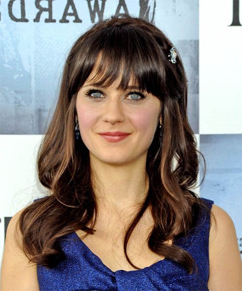 Zooey Deschanel Long Wavy Hairstyle With Blunt Cut Bangs In Well Known Wavy Textured Haircuts With Long See Through Bangs (View 4 of 20)