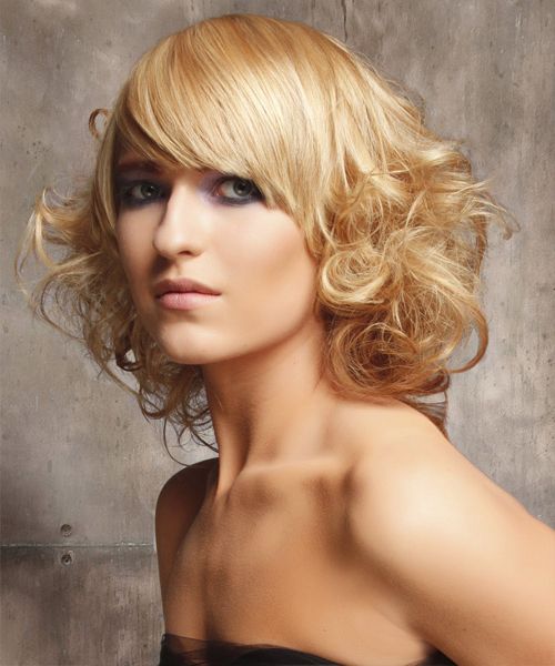 Medium Curly Light Blonde Hairstyle With Side Swept Bangs With Best And Newest Wavy Side Bang Hairstyles (View 14 of 20)
