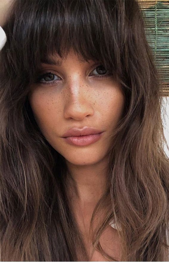 20 Mid Length Hairstyles With Fringe And Layers : Cute Brunette With Bangs Inside Favorite Medium Haircuts With A Fringe (View 17 of 20)
