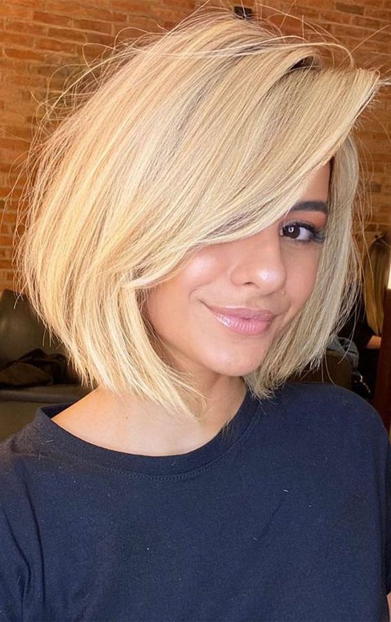 30 Stylish Medium Length Haircuts To Try : Blonde Bob With Side Part Bangs  I Take You (View 13 of 20)