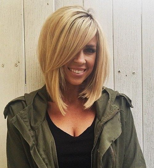 50 Hottest Stacked Haircuts To Try In 2022 | Stacked Haircuts, Long Bob  Blonde, Stacked Hairstyles Within Long Side Bangs Blunt Bob Hairstyles (View 12 of 20)