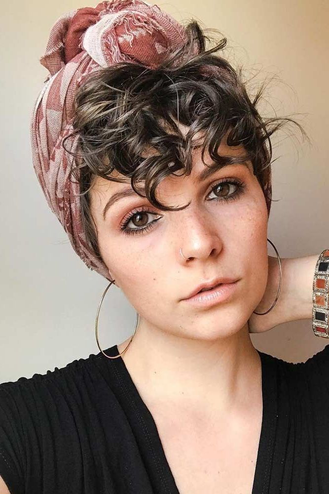 Curly Pixie With Headscarf #shortcurlyhairstyles #curlyhairstyles  #shorthairstyles #hairsty… | Short Curly Hairstyles For Women, Scarf  Hairstyles, Hair Scarf Styles Regarding Wavy Pixie Hairstyles With Scarf (View 1 of 20)