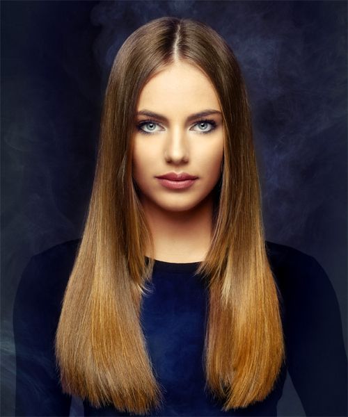 Long Sleek Two Tone Brunette And Red Hairstyle Throughout Famous Middle Part Straight Haircuts (View 9 of 20)