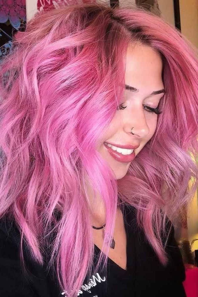 Medium  Length Hair Styles, Hair Color Pink, Pink Hair With Trendy Messy & Wavy Pinky Mid Length Hairstyles (View 1 of 20)