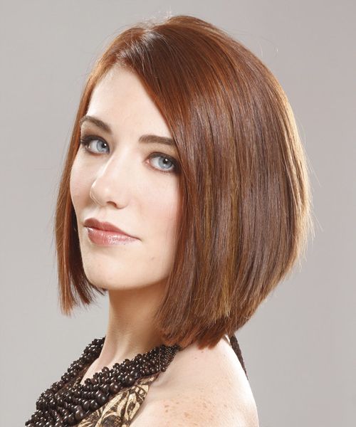 Medium Straight Chestnut Brunette Bob Haircut With Side Swept Bangs Regarding Newest Straight Mid Length Chestnut Hairstyles With Long Bangs (Gallery 19 of 20)