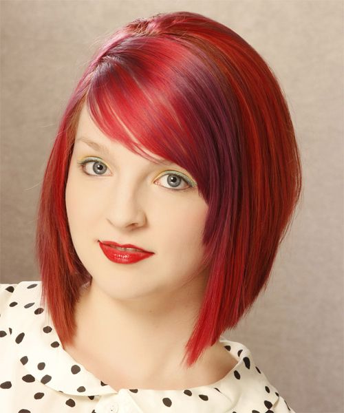 Medium Straight Layered Bright Red Bob Haircut With Side Swept Bangs And  Pink Highlights Within Bright Bang Pixie Hairstyles (View 12 of 20)