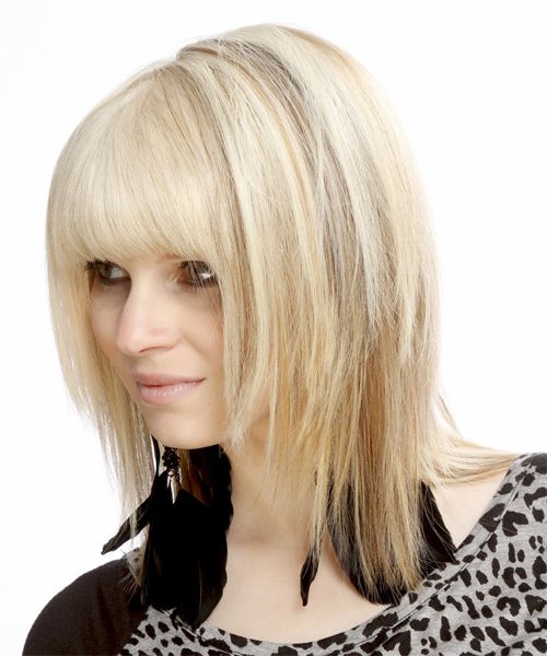 Medium Straight Light Bright Blonde And Brunette Two Tone Hairstyle With  Blunt Cut Bangs Pertaining To Bright Blunt Hairstyles For Short Straight Hair (View 2 of 20)