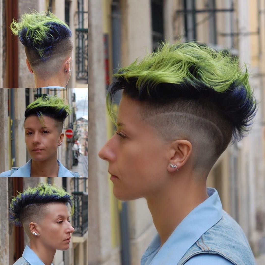 Navy Blue And Lime Green Undercut Pixie  With Messy Brushed Up Wavy Texture And Shave Art Detail Short  Creative Eccentric Punk Hairstyle – The Latest Hairstyles For Men And  Women (2020) – Hairstyleology Within Blue Punky Pixie Hairstyles With Undercut (View 6 of 20)