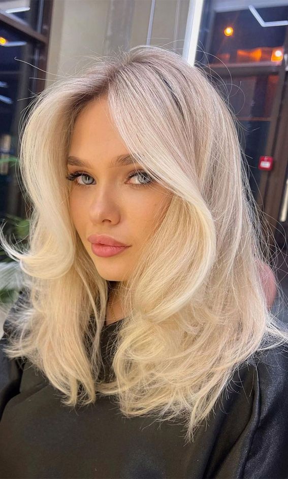 30 Medium Length Haircuts 2022 For All Face Shapes : Butter Blonde With Long  Bangs Within Trendy Long Bangs Medium Hair (View 24 of 29)