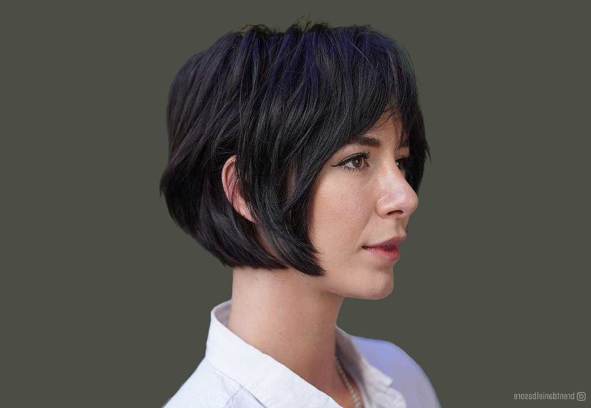 63 Chic Short Bob Haircuts With Bangs In Most Popular Razored Brunette Comb Over Bob (View 19 of 20)