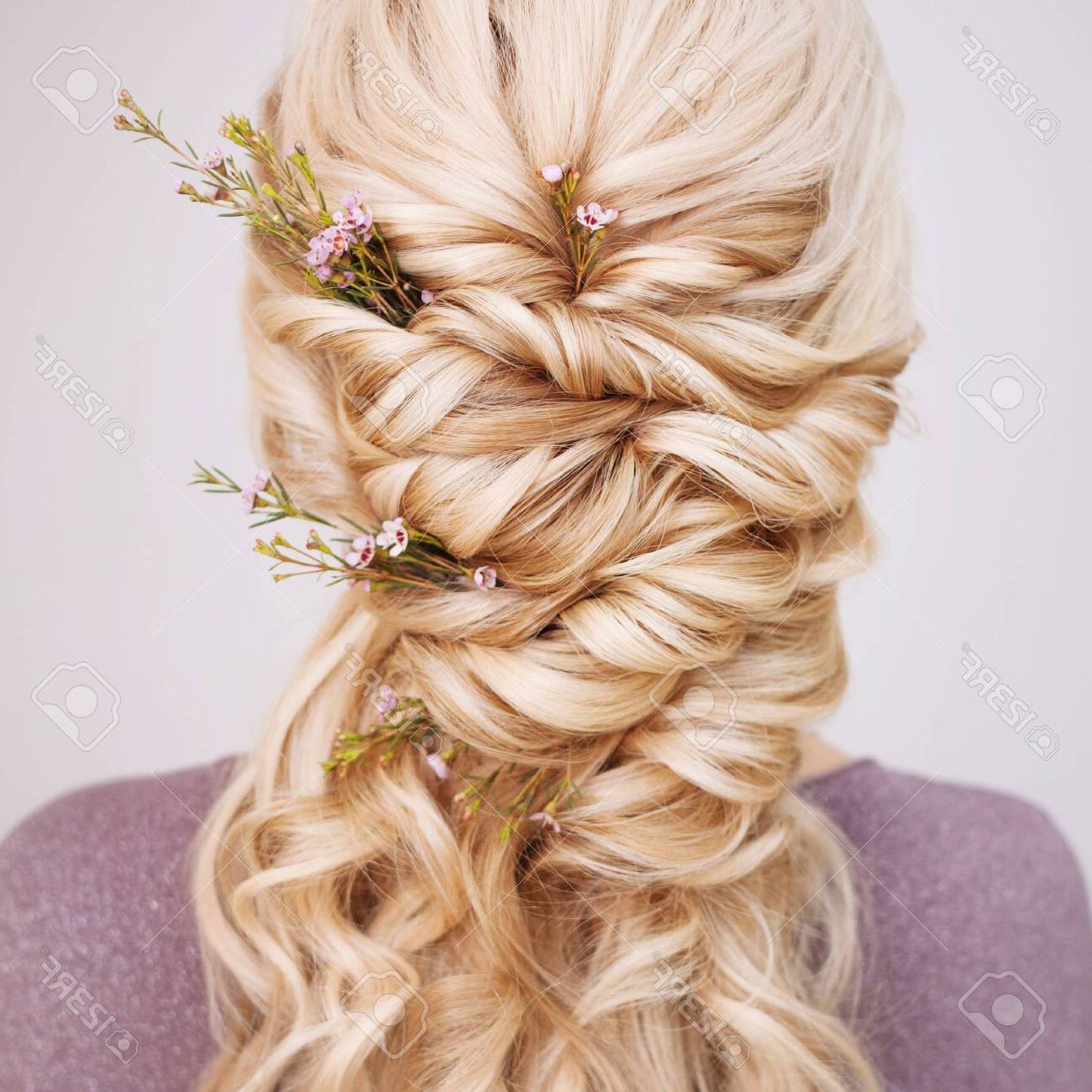 Back View Of An Elegant Trendy Hairstyle, Interlacing Curls And Decorating  With Flower Petals. Beautiful And Well Groomed Blonde Hair Stock Photo,  Picture And Royalty Free Image. Image  (View 13 of 15)