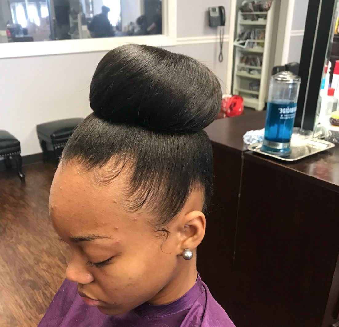 Black Hair Bun, Top Knot Hairstyles,  Relaxed Hair Regarding Best And Newest Relaxed Long Hair Bun (View 5 of 15)