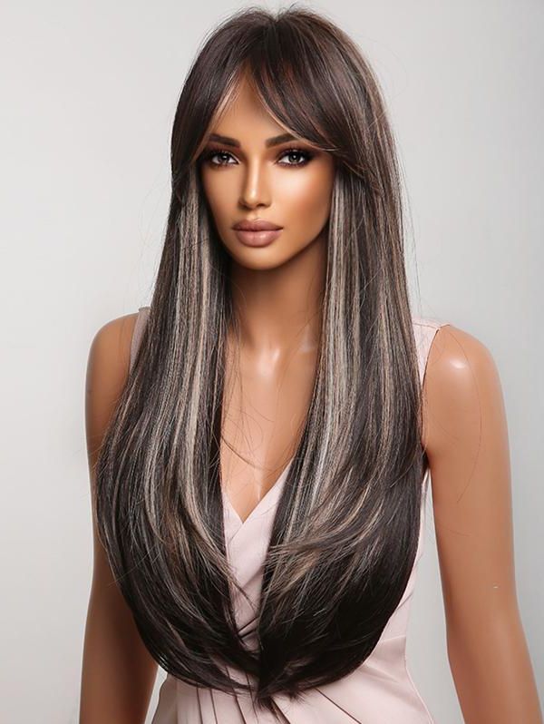 Brown Highlight White Long Straight Side Bangs Synthetic Wig In Multi A (View 14 of 15)
