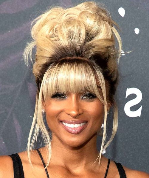 Ciara High Curly Bun Updo – Storiesthehairstyler In Well Known High Updo With Bangs (Gallery 14 of 15)