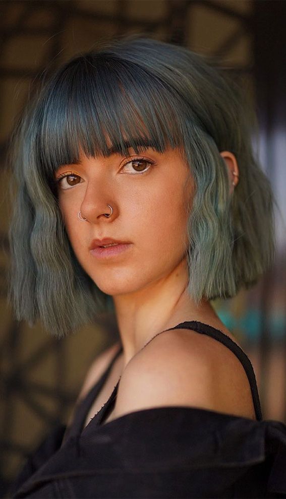Cute Haircuts And Hairstyles With Bangs : Teal Steel With Bangs Within 2019 Two Tone Messy Bob (Gallery 19 of 20)
