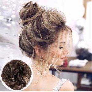 Dark Brown With Golden Highlights Curly Scrunchie Fake Hair Messy  Bun (View 10 of 15)