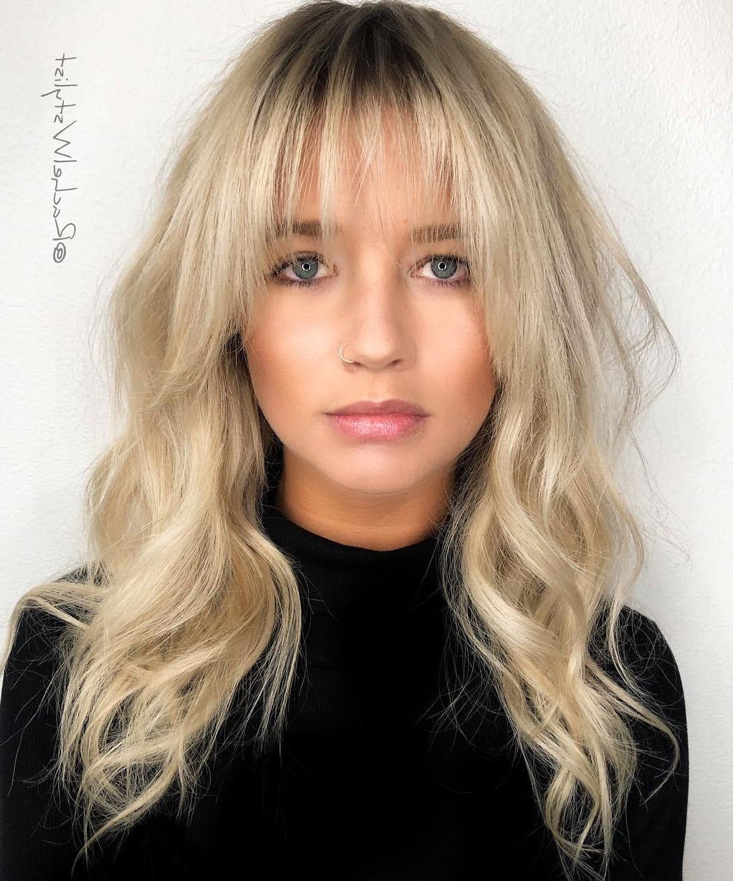 Fashionable Choppy Blonde Hair With See Through Bangs Throughout 35 Instagram Popular Ways To Pull Off Long Hair With Bangs In  (View 8 of 15)