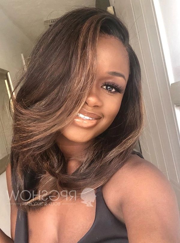 Fashionable Highlighted Hair With Side Bangs Throughout Side Part Bouffant Bangs Caramel Brown Highlights Lace Front Wig –  Papachichi003 (Gallery 15 of 15)