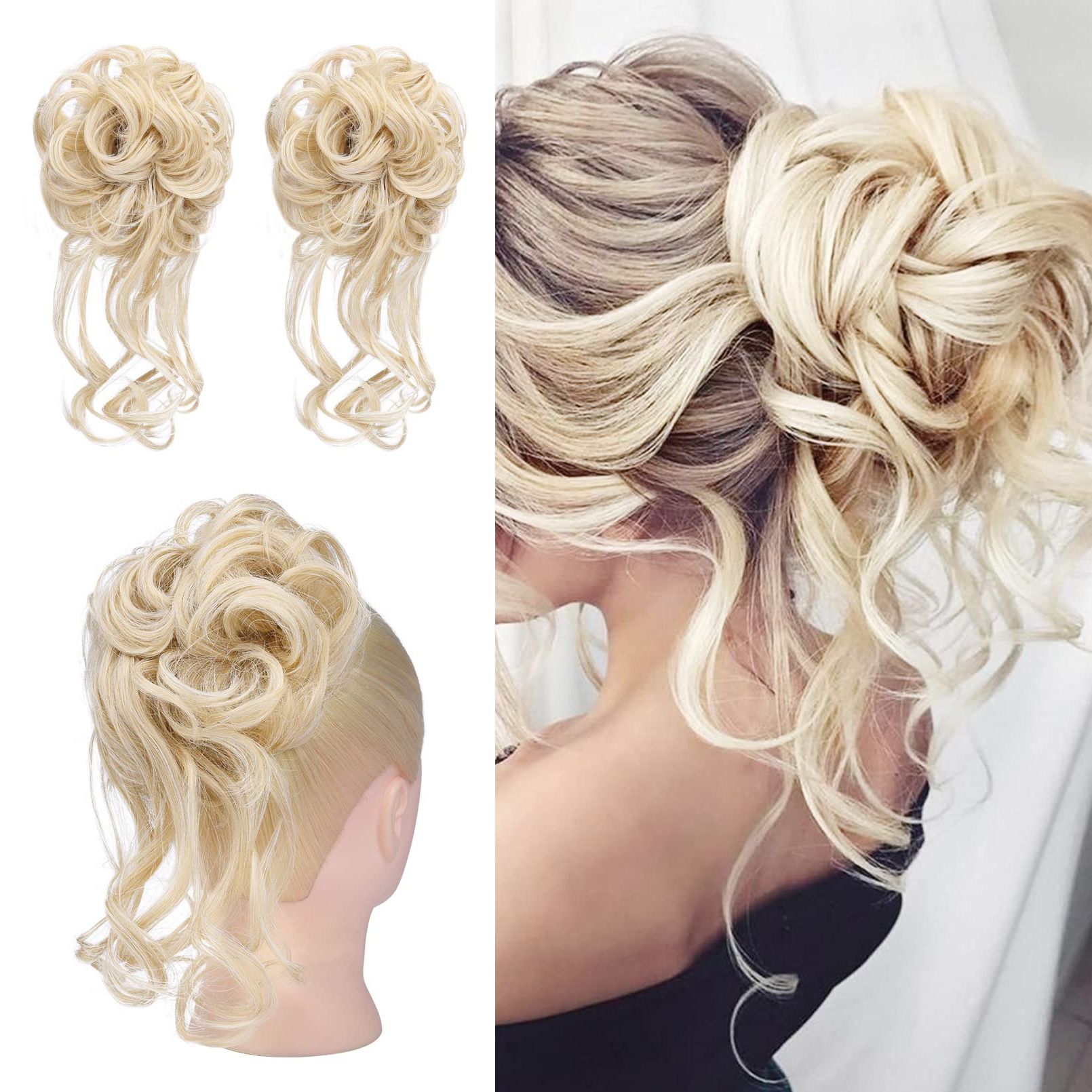 Hoojih Messy Bun Hair Piece, 2pcs Tousled Updo With Tendrils Hair Bun  Extensions Wavy Curly Hair Wrap Ponytail Hairpieces Thick Hair Scrunchies  For Women Girls – Cool Light Blonde 2 Pack Cool Within 2018 Bun Updo With Accessories For Thick Hair (Gallery 2 of 15)