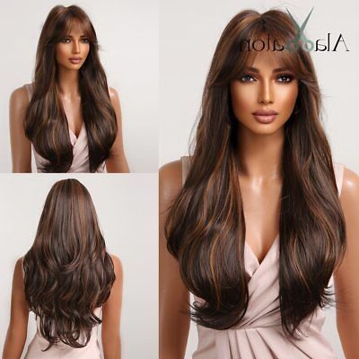 Long Water Wave Synthetic Wigs With Side Bangs Mixed Black Brown Highlights (View 12 of 15)