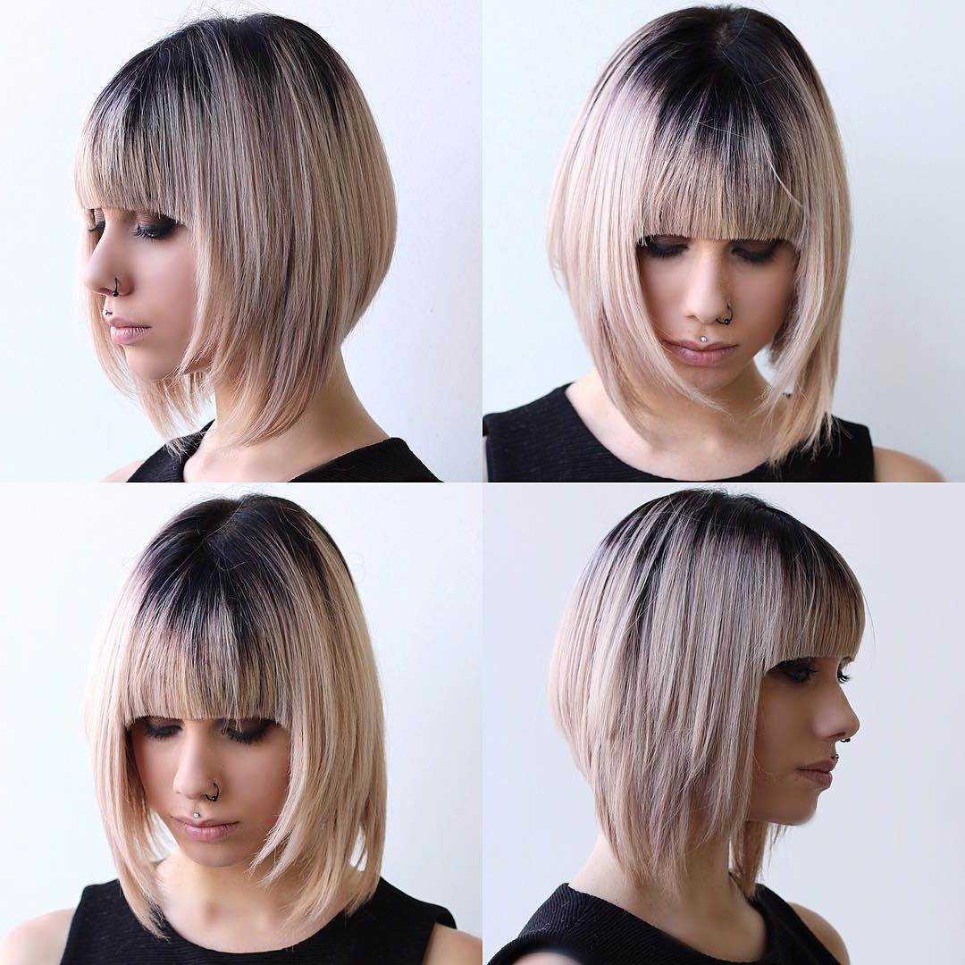 Most Current Blonde Razored Lob With Full Bangs Pertaining To Blonde Razor Cut Angled Bob With Full Blunt Bangs And Black Shadow Root –  The Latest Hairstyles For Men And Women (2020) – Hairstyleology (Gallery 1 of 15)