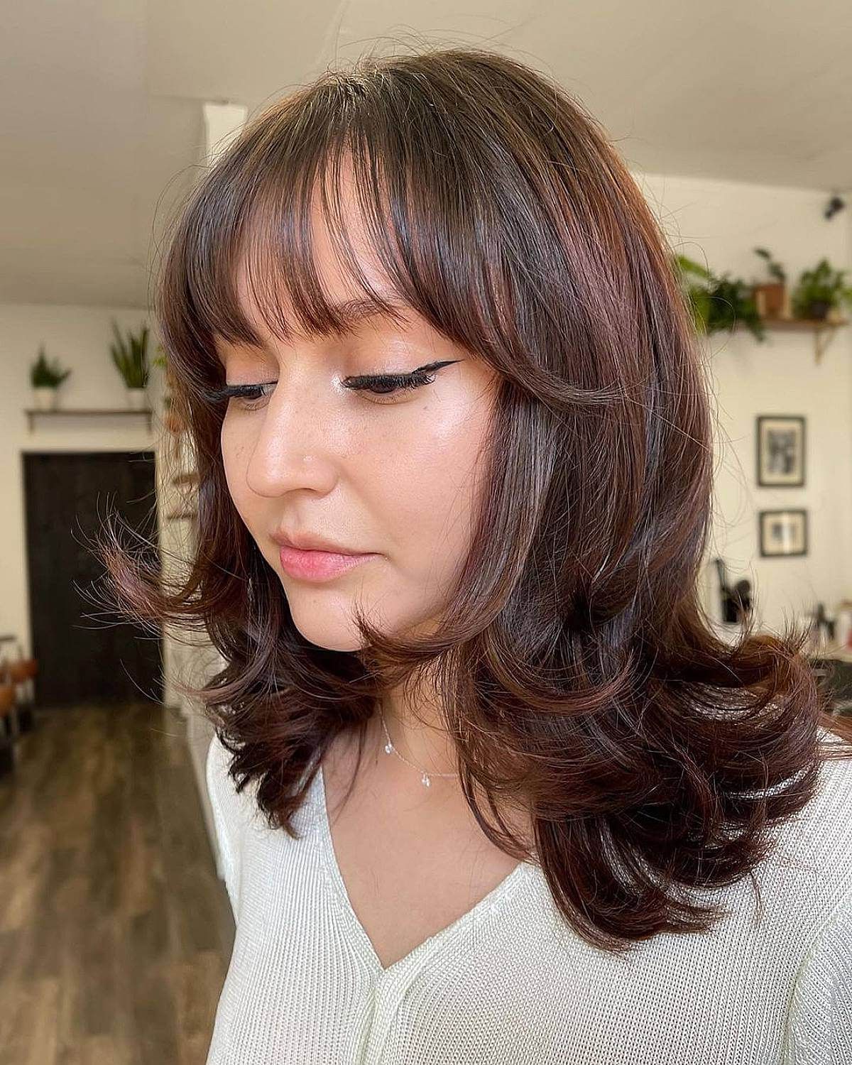 Most Current Wispy Medium Hair With Bangs Throughout 63 Cute Shoulder Length Hair With Bangs For An Instant Makeover (View 13 of 15)