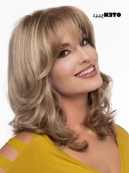 Most Recent Side Swept Bangs With Shoulder Length Hair In Bouncy Shoulder Length Layers Side Swept Bangs Dark Blonde Synthetic Hair  Wigs (Gallery 7 of 15)