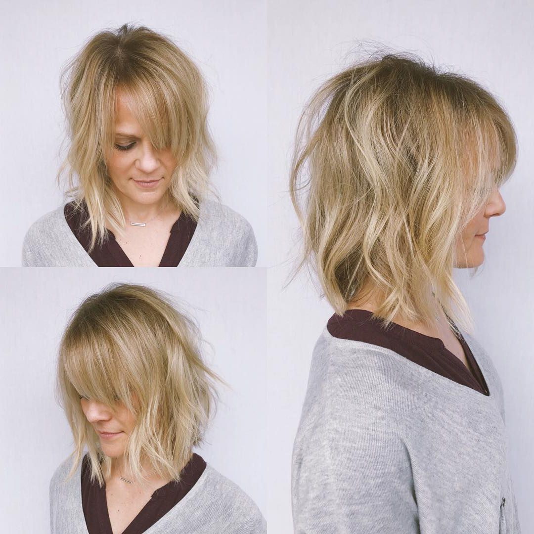 Newest Medium Bob With Long Parted Bangs Regarding Undone Wavy Textured Bob With Parted Side Swept Bangs And Blonde Balayage –  The Latest Hairstyles For Men And Women (2020) – Hairstyleology (Gallery 17 of 20)