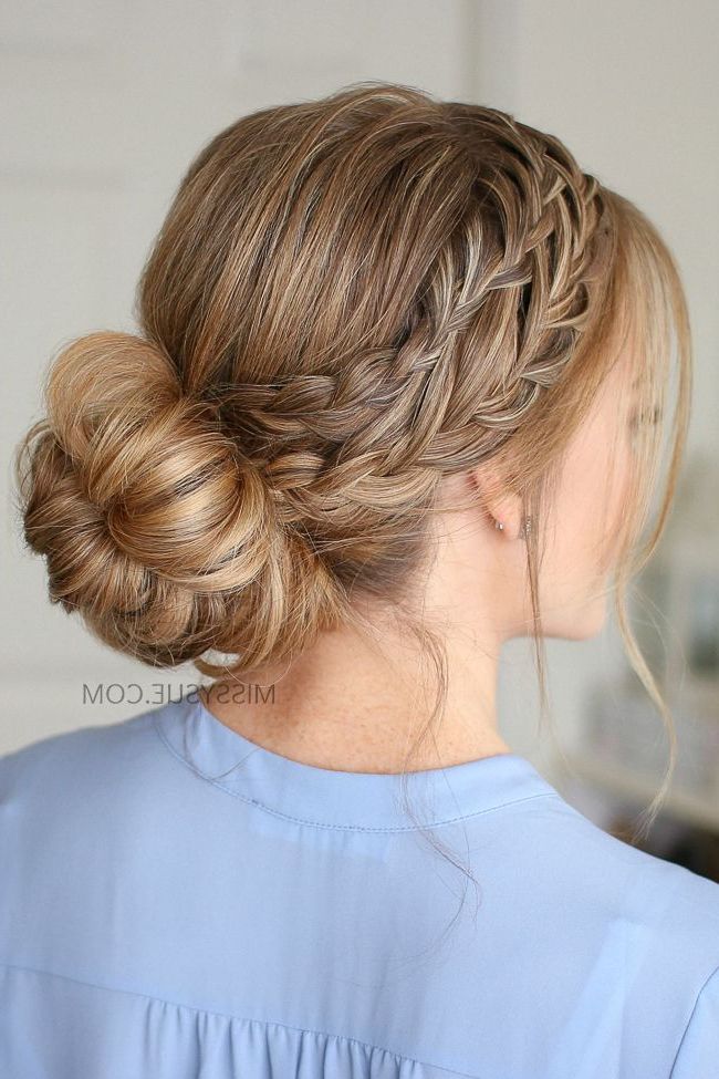 Recent Low Flower Bun For Long Hair With Waterfall French Braid Low Bun (View 10 of 15)