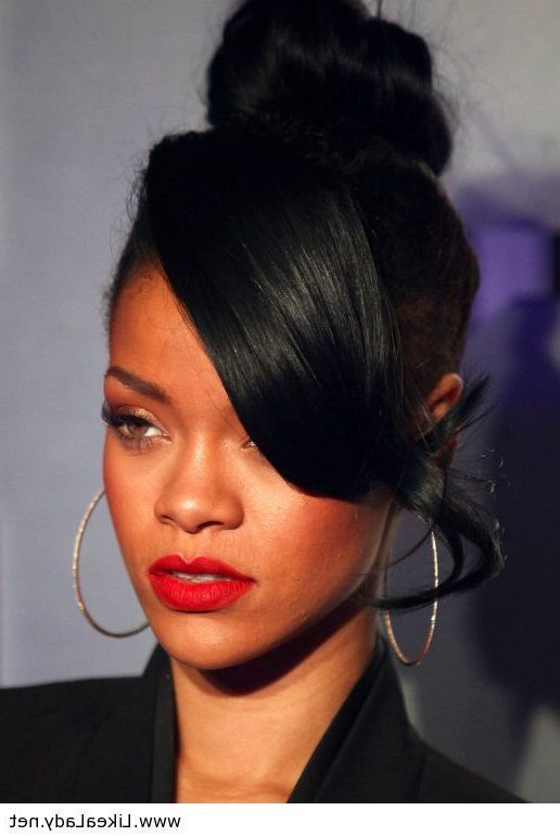 Rihanna Hairstyles, Long Hair Styles,  Medium Hair Styles For Recent High Bun With A Side Fringe (Gallery 1 of 15)