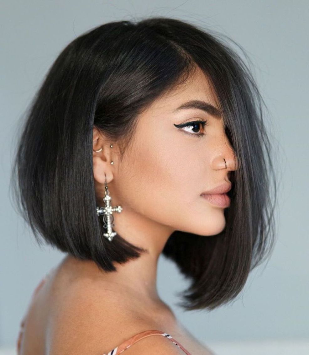 Trending Haircuts, One Length Haircuts, Asymmetrical Bob Haircuts Regarding Well Known Razored Brunette Comb Over Bob (View 8 of 20)