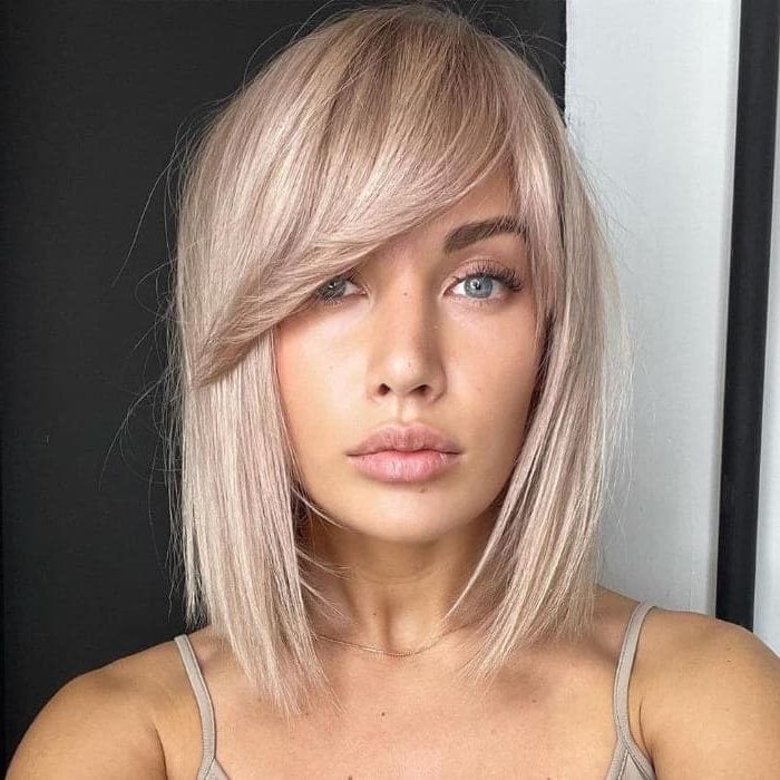 Trendy Bob Haircuts With Bangs – Hairstyle On Point Intended For Most Recent Blonde Razored Lob With Full Bangs (View 7 of 15)